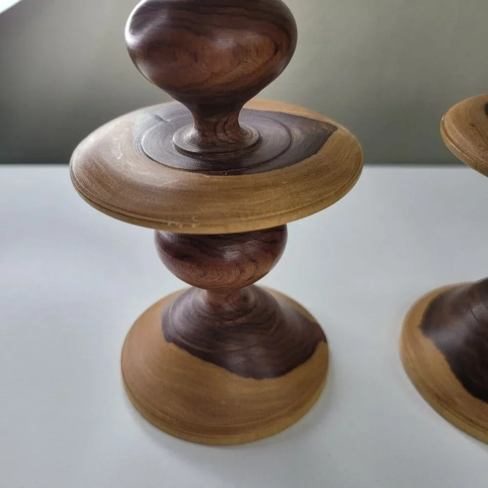 Wooden Candlestick Holders Tapered Solid Grain Two Tone Turned Pair Set 6.5 Inch